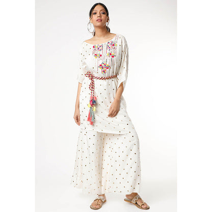 Payal Singhal Off White Crepe Embroidered Kaftan with Palazzo and Belt (Set of 3)