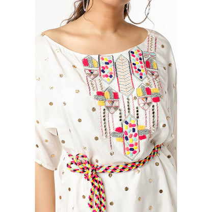 Payal Singhal Off White Crepe Embroidered Kaftan with Palazzo and Belt (Set of 3)