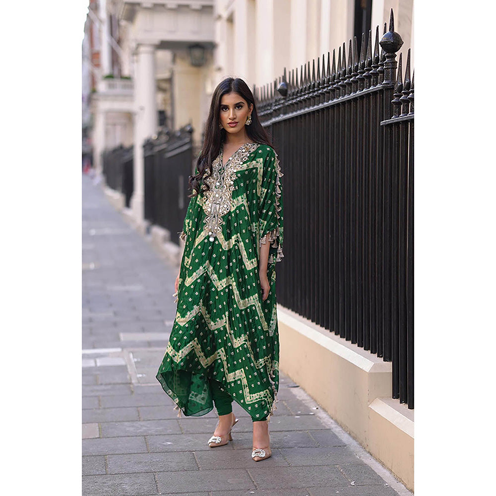 Payal Singhal Green Leheriya Embroidered Kaftan with Churidar (Set of 2)