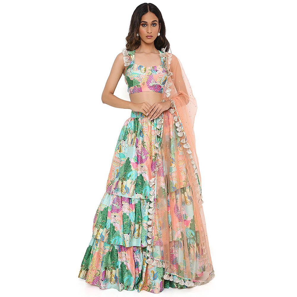 Payal Singhal Green Print Bustier and Ruffle Lehenga and Dupatta (Set of 3)