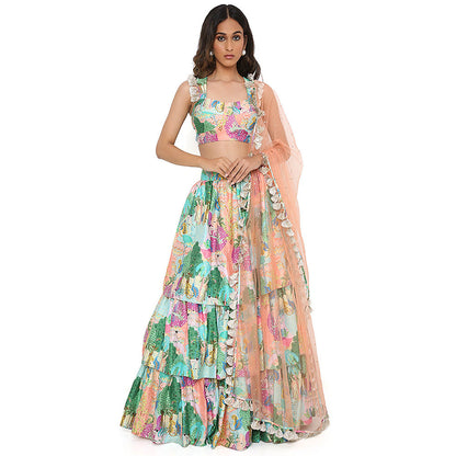 Payal Singhal Green Print Bustier and Ruffle Lehenga and Dupatta (Set of 3)