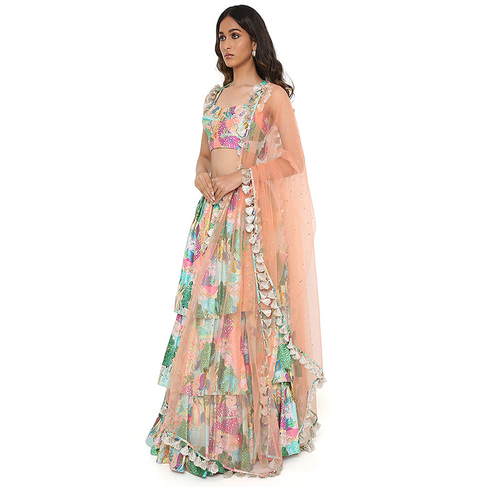 Payal Singhal Green Print Bustier and Ruffle Lehenga and Dupatta (Set of 3)