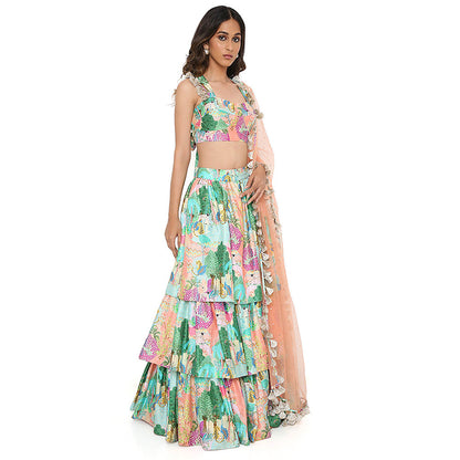 Payal Singhal Green Print Bustier and Ruffle Lehenga and Dupatta (Set of 3)