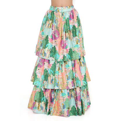 Payal Singhal Green Print Bustier and Ruffle Lehenga and Dupatta (Set of 3)