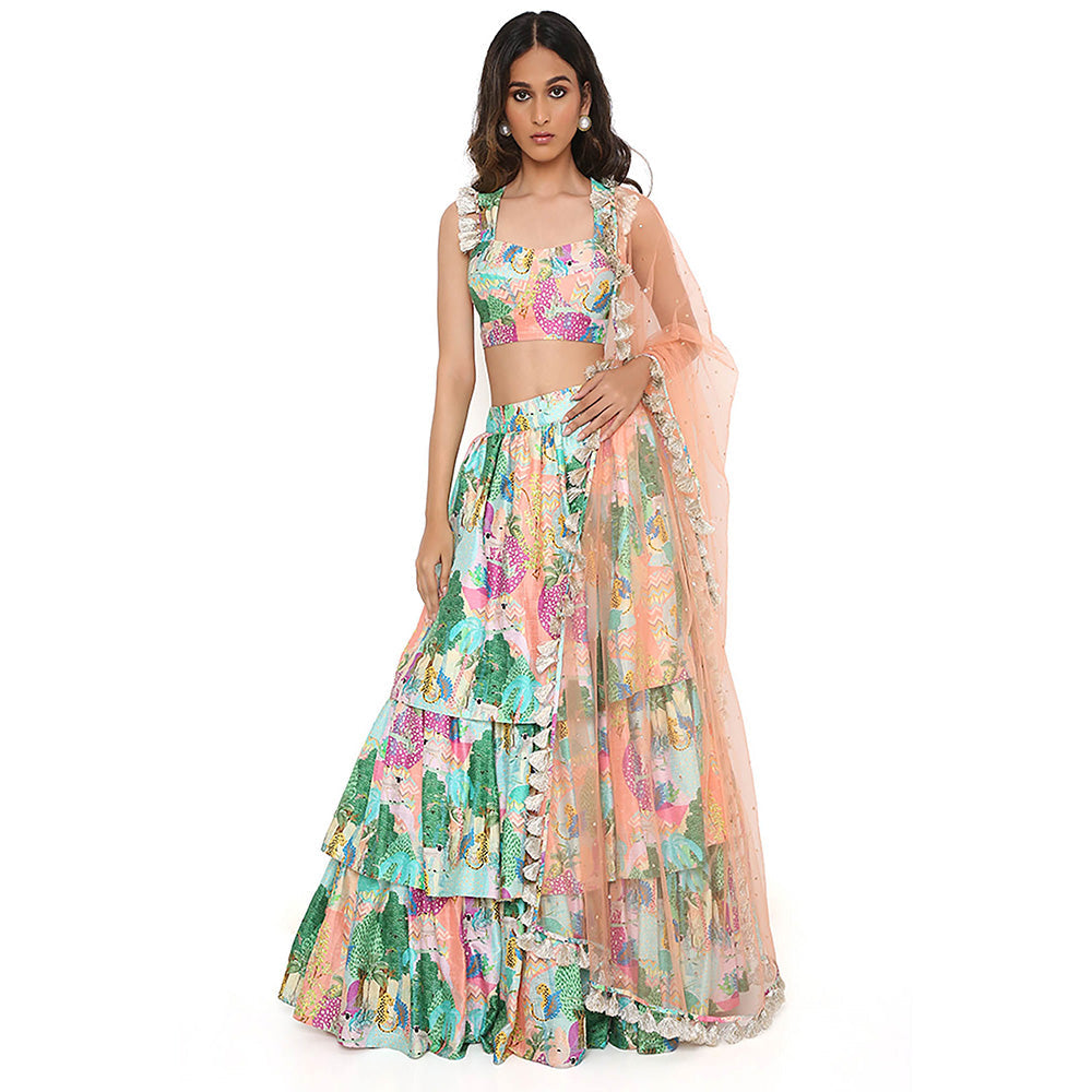 Payal Singhal Green Print Bustier and Ruffle Lehenga and Dupatta (Set of 3)