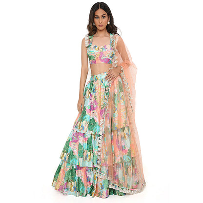 Payal Singhal Green Print Bustier and Ruffle Lehenga and Dupatta (Set of 3)