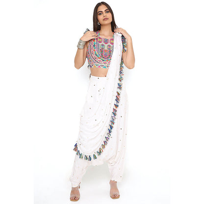 Payal Singhal Off White Crop Top and Dhoti with Attached Drape (Set of 2)