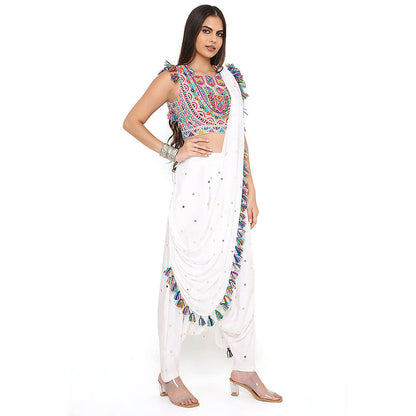 Payal Singhal Off White Crop Top and Dhoti with Attached Drape (Set of 2)