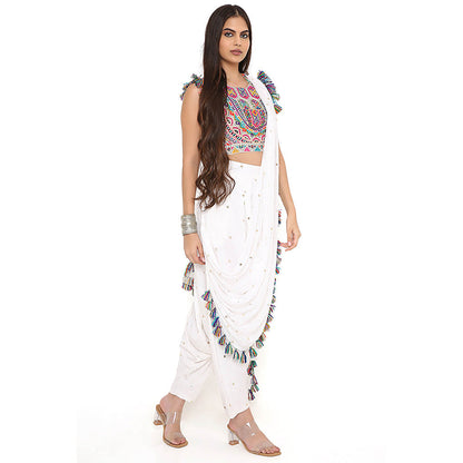 Payal Singhal Off White Crop Top and Dhoti with Attached Drape (Set of 2)