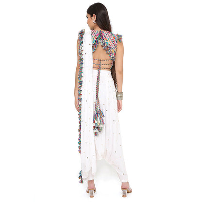 Payal Singhal Off White Crop Top and Dhoti with Attached Drape (Set of 2)