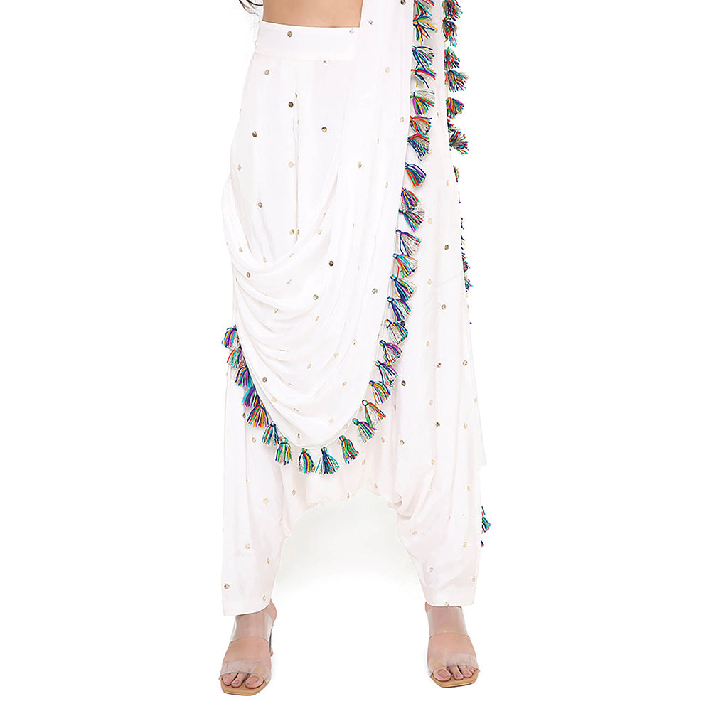 Payal Singhal Off White Crop Top and Dhoti with Attached Drape (Set of 2)