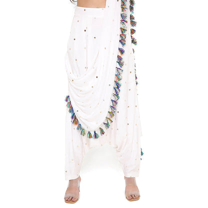 Payal Singhal Off White Crop Top and Dhoti with Attached Drape (Set of 2)