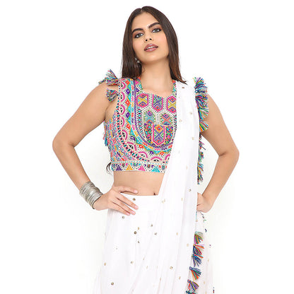 Payal Singhal Off White Crop Top and Dhoti with Attached Drape (Set of 2)