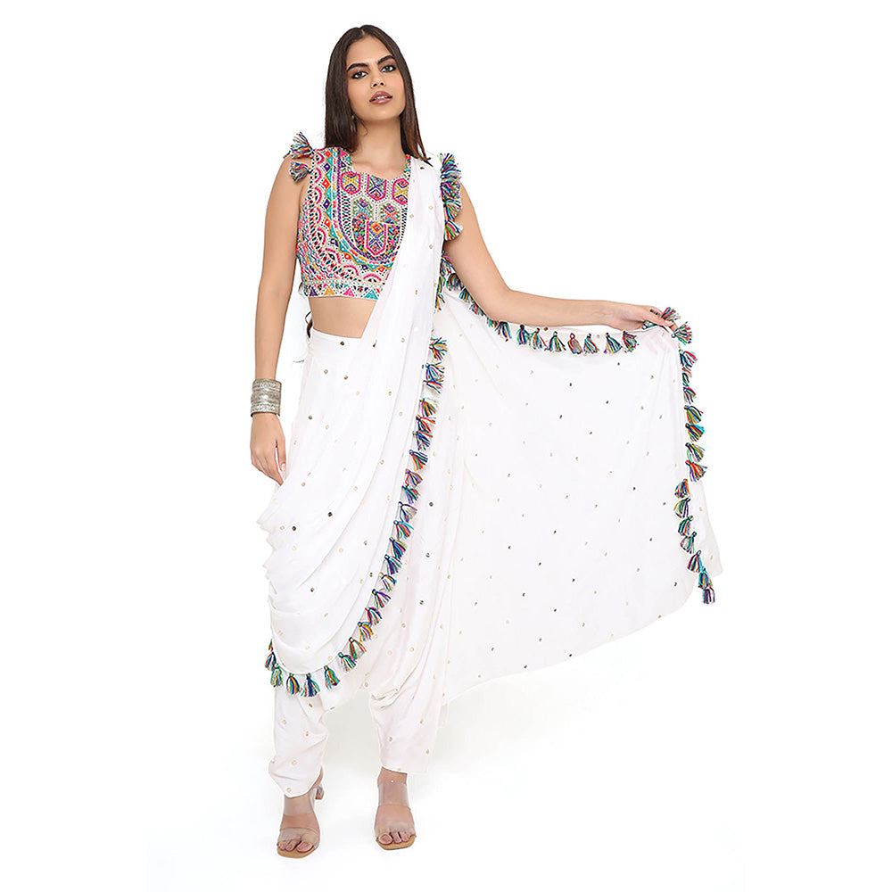 Payal Singhal Off White Crop Top and Dhoti with Attached Drape (Set of 2)
