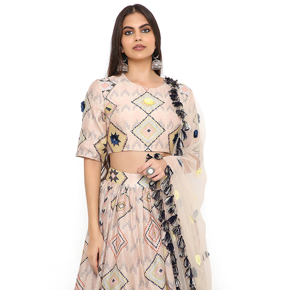 Payal Singhal Beige Print Embroidered Blouse with Lehenga and Dupatta (Set of 3)