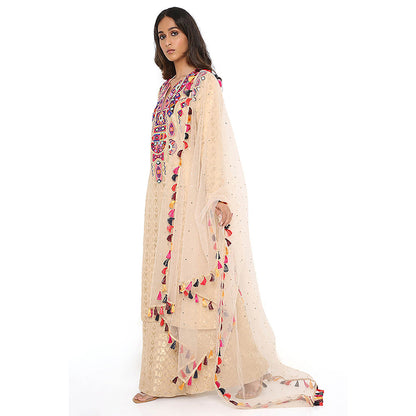 Payal Singhal Beige Embroidered Kurta and Palazzo with Dupatta (Set of 3)