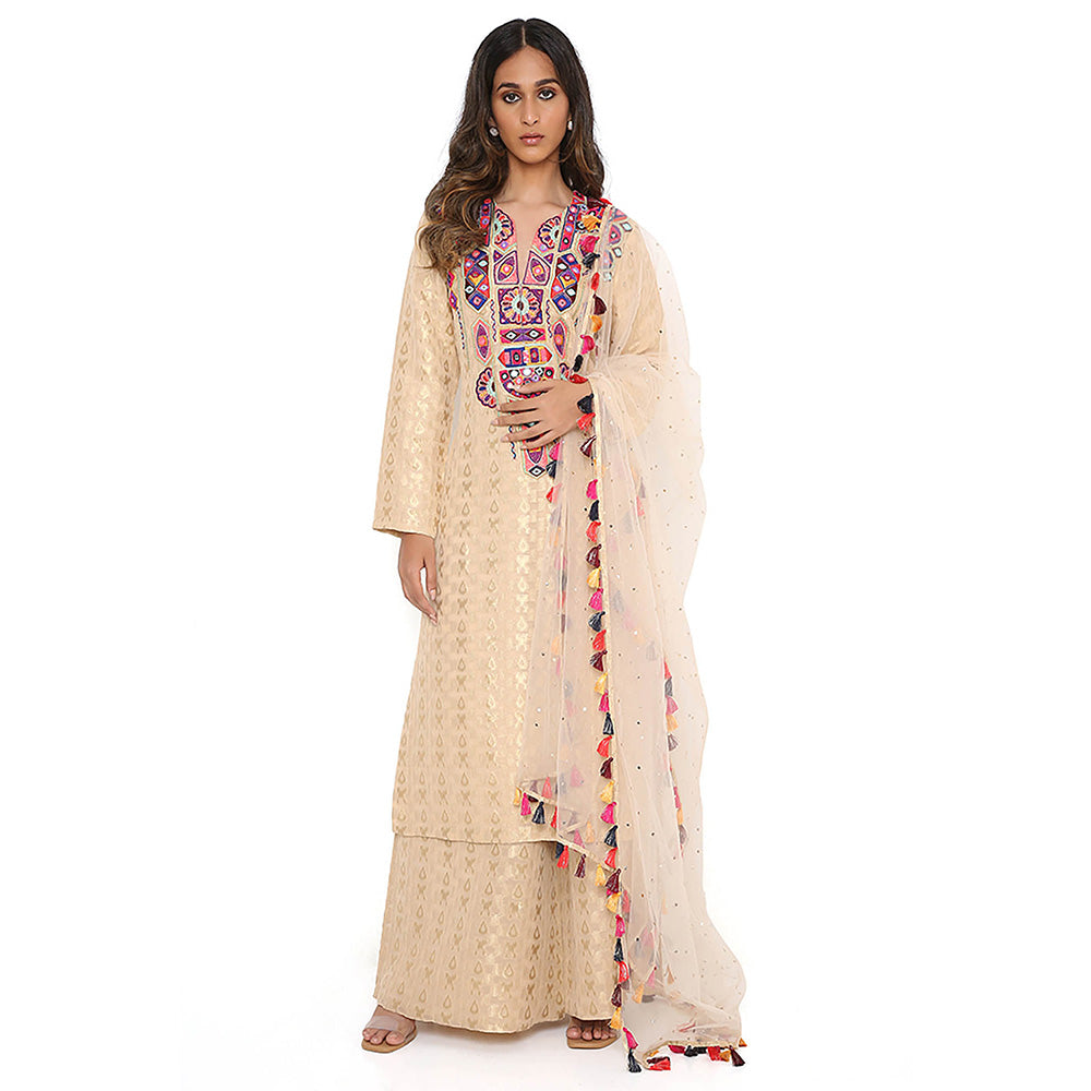 Payal Singhal Beige Embroidered Kurta and Palazzo with Dupatta (Set of 3)