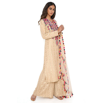 Payal Singhal Beige Embroidered Kurta and Palazzo with Dupatta (Set of 3)