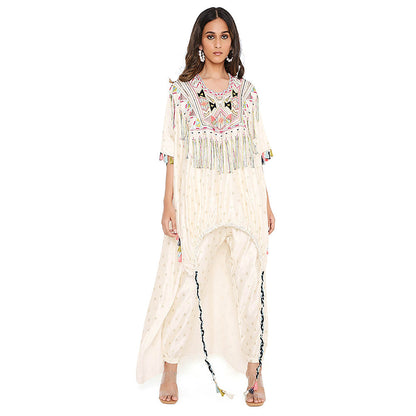 Payal Singhal Cream Floral Embroidered Kaftan with Pant (Set of 2)