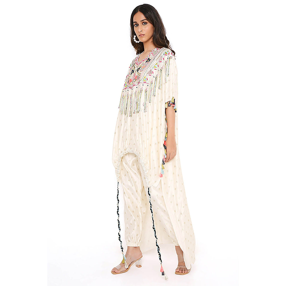 Payal Singhal Cream Floral Embroidered Kaftan with Pant (Set of 2)
