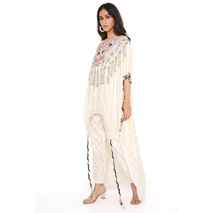 Payal Singhal Cream Floral Embroidered Kaftan with Pant (Set of 2)