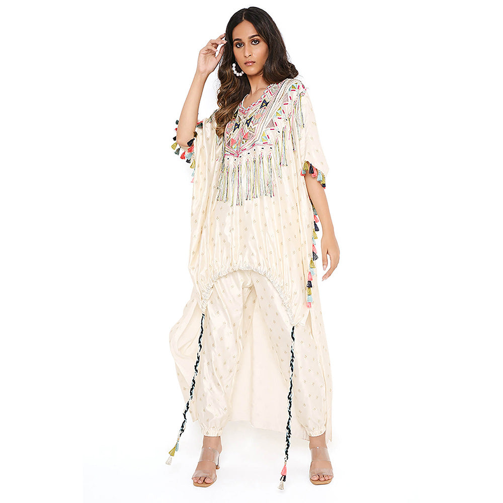 Payal Singhal Cream Floral Embroidered Kaftan with Pant (Set of 2)