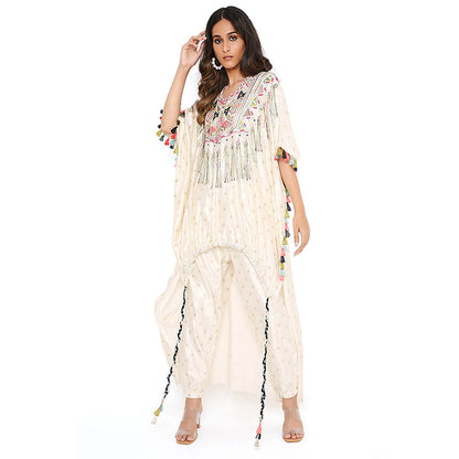 Payal Singhal Cream Floral Embroidered Kaftan with Pant (Set of 2)