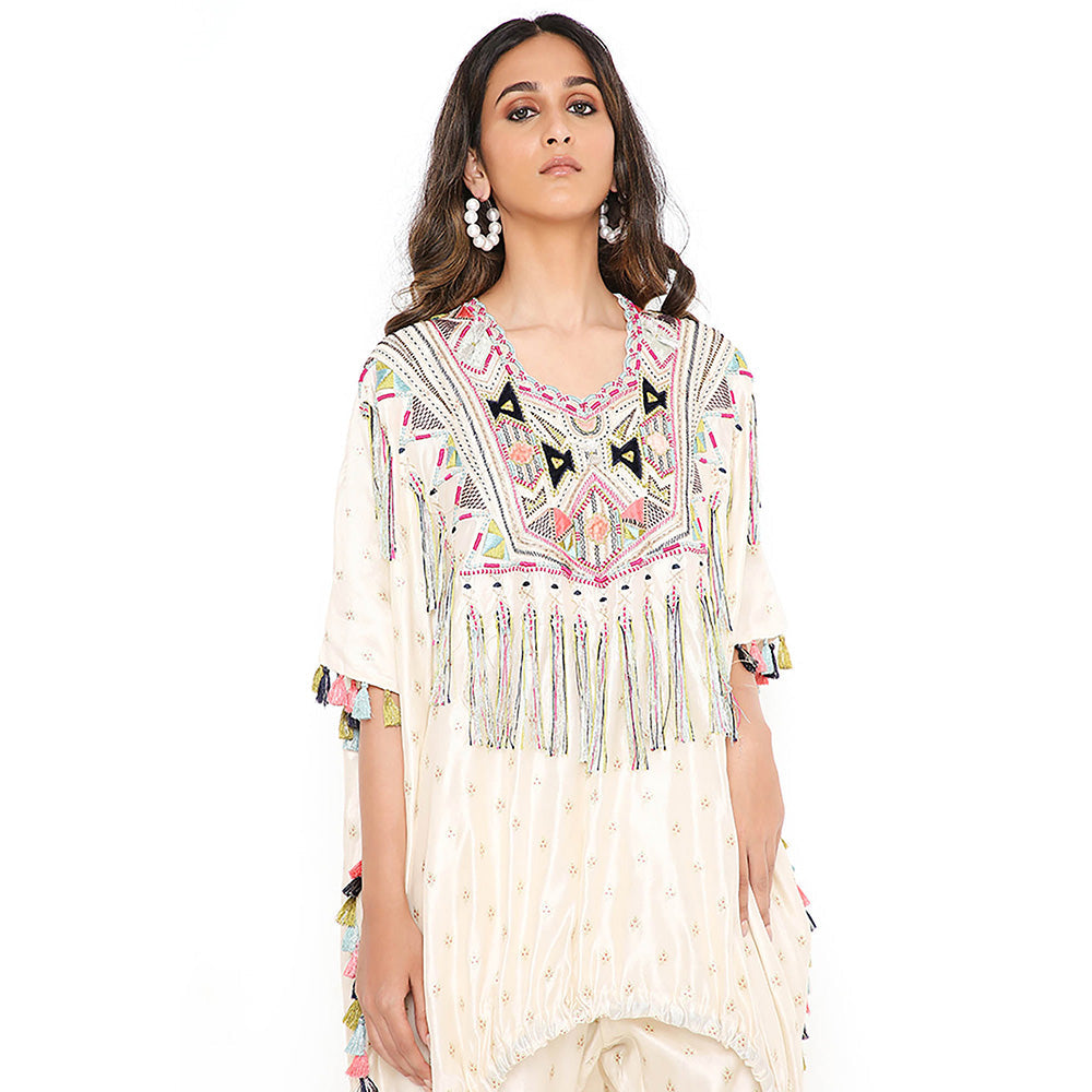 Payal Singhal Cream Floral Embroidered Kaftan with Pant (Set of 2)
