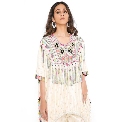 Payal Singhal Cream Floral Embroidered Kaftan with Pant (Set of 2)
