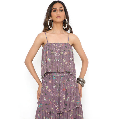 Payal Singhal Purple Print Top with Layered Sharara (Set of 2)