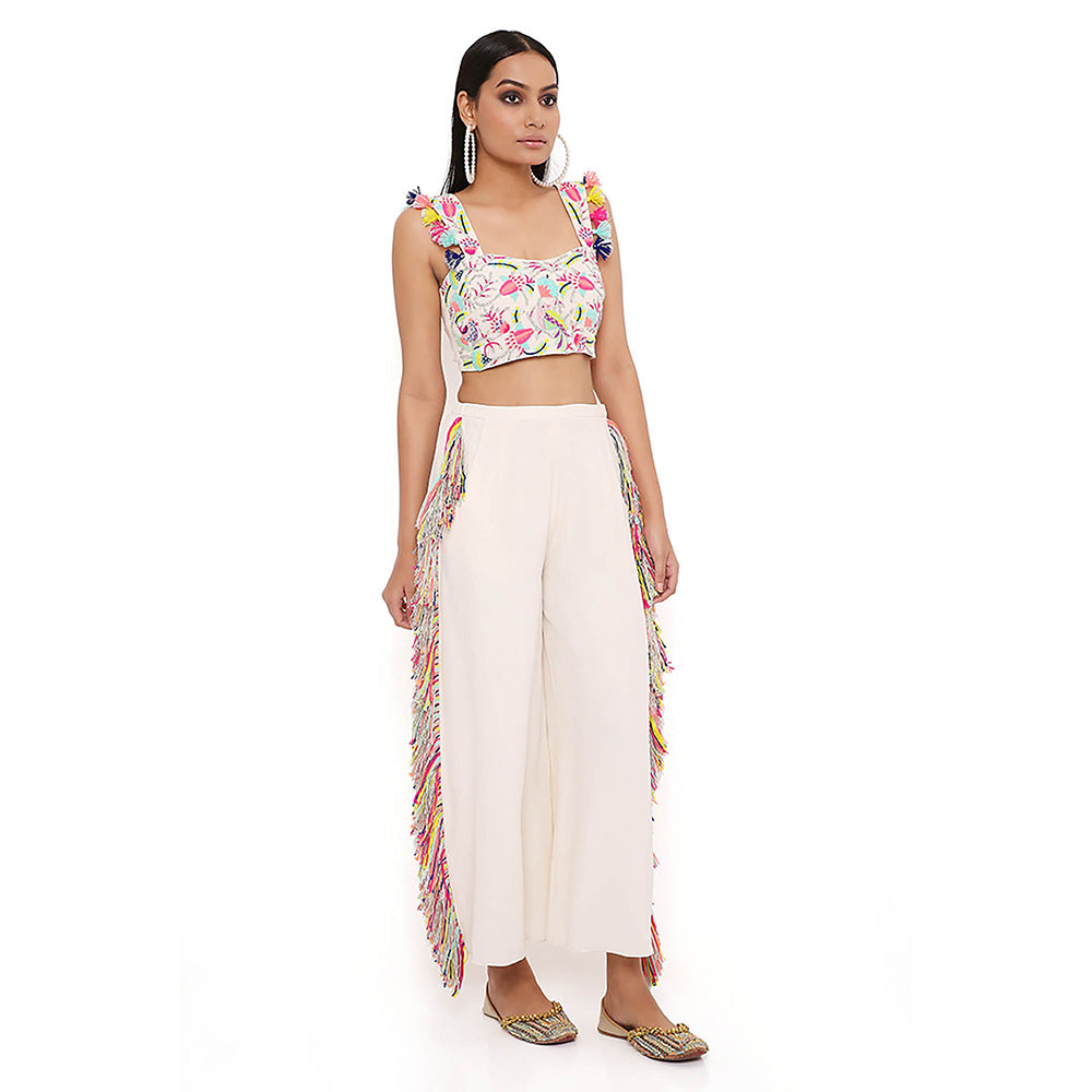 Payal Singhal White Embroidered Top with Cropped Pant (Set of 2)