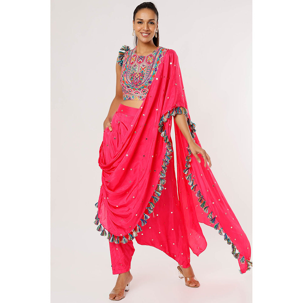Payal Singhal Pink Embroidered Crop Top with Dhoti with Attached Drape (Set of 2)