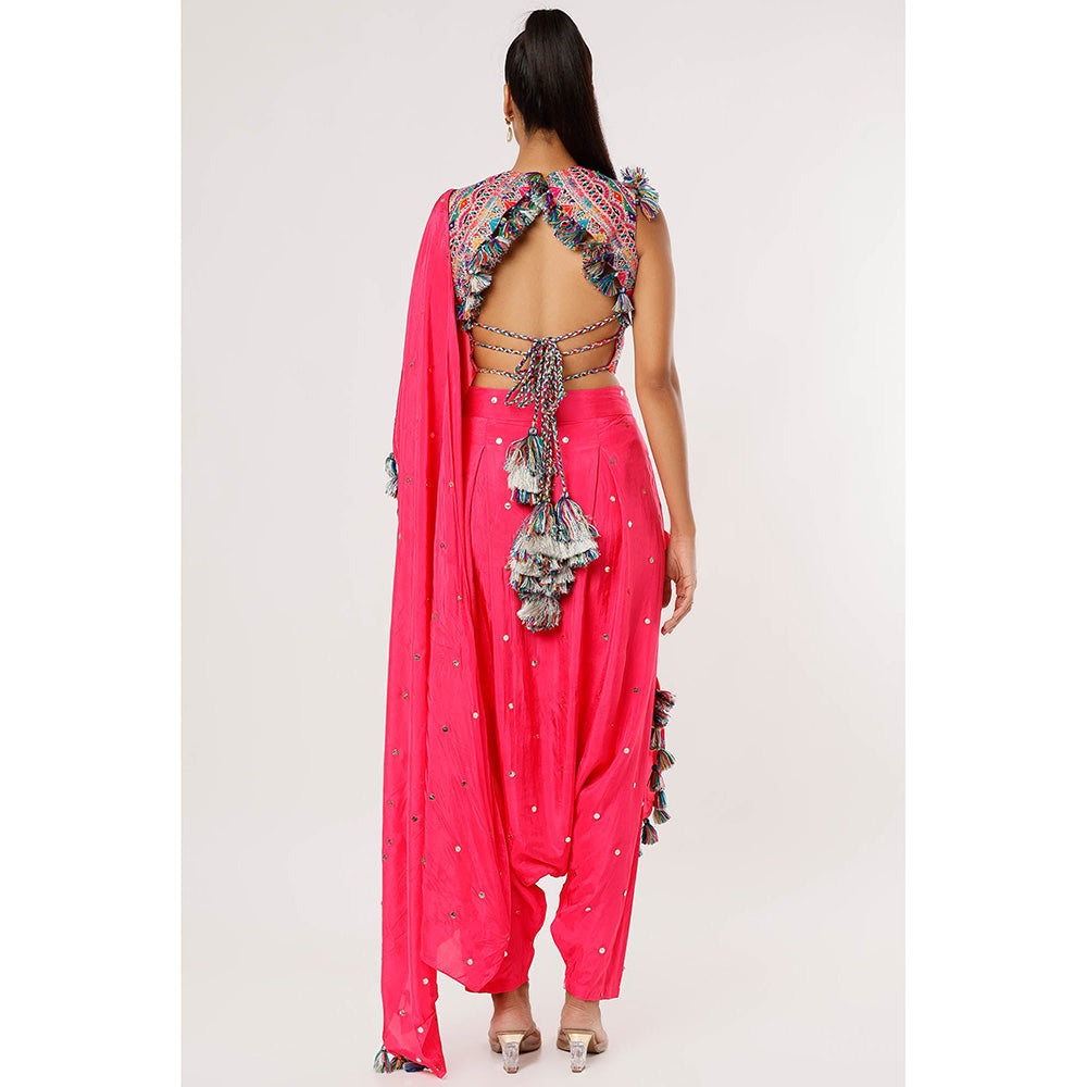 Payal Singhal Pink Embroidered Crop Top with Dhoti with Attached Drape (Set of 2)