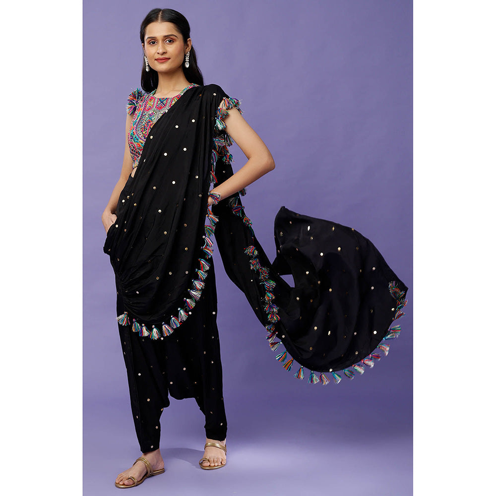 Payal Singhal Black Embroidered Crop Top and Dhoti with Attached Drape (Set of 2)