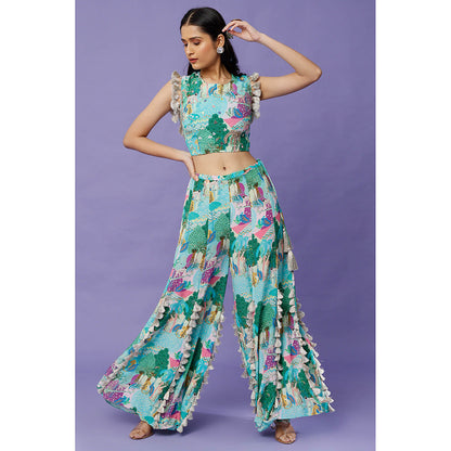 Payal Singhal Aqua Print Crop Top with Sharara (Set of 2)
