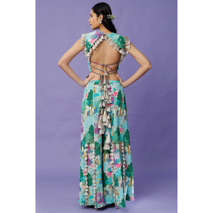 Payal Singhal Aqua Print Crop Top with Sharara (Set of 2)