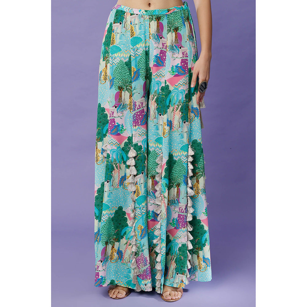 Payal Singhal Aqua Print Crop Top with Sharara (Set of 2)