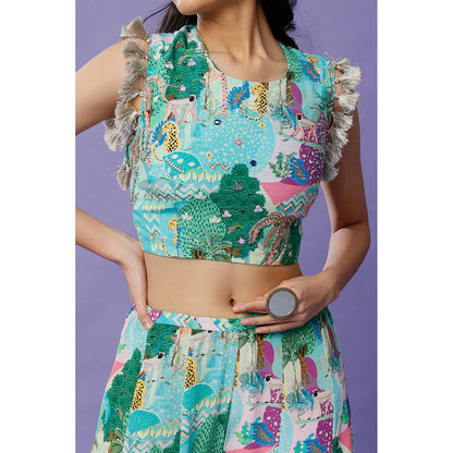 Payal Singhal Aqua Print Crop Top with Sharara (Set of 2)