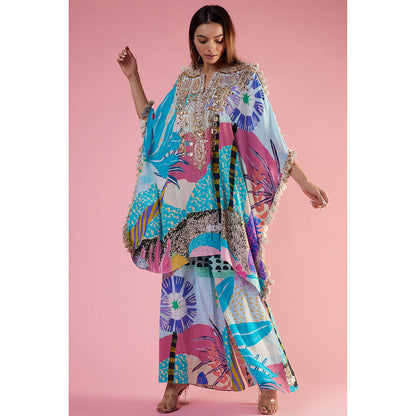 Payal Singhal Aqua Print Embroidered Kaftan and Palazzo (Set of 2)