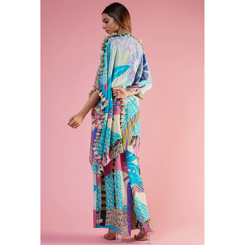 Payal Singhal Aqua Print Embroidered Kaftan and Palazzo (Set of 2)