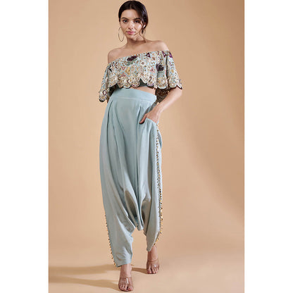Payal Singhal Blue Embroidered Crop Top with Dhoti (Set of 2)