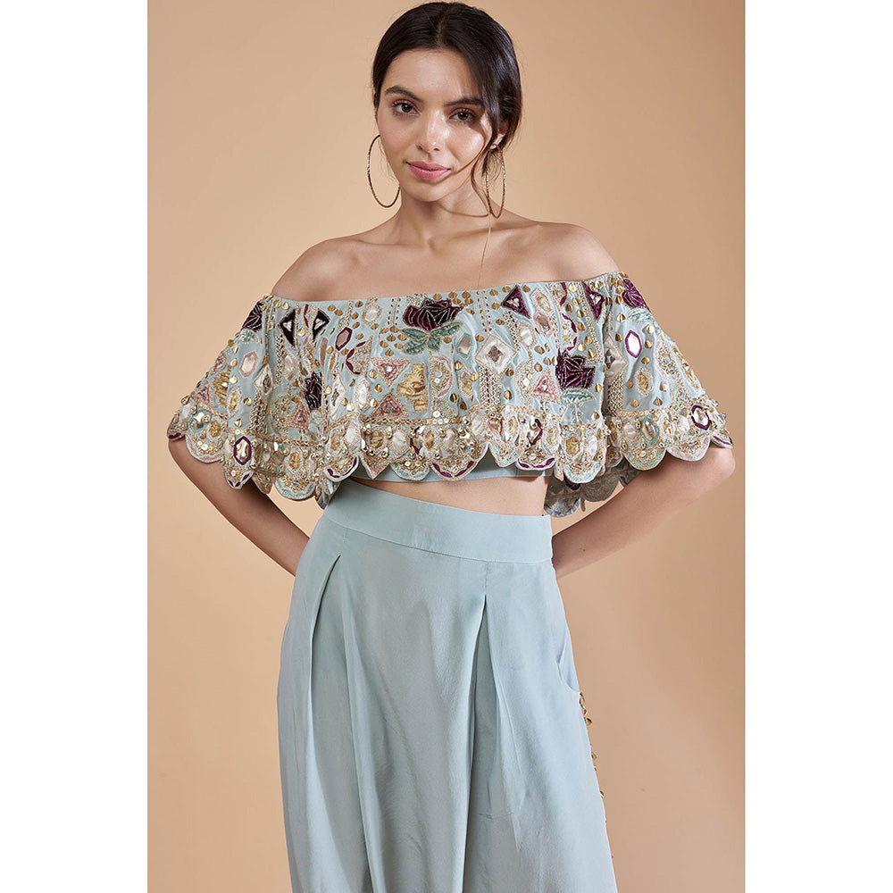 Payal Singhal Blue Embroidered Crop Top with Dhoti (Set of 2)