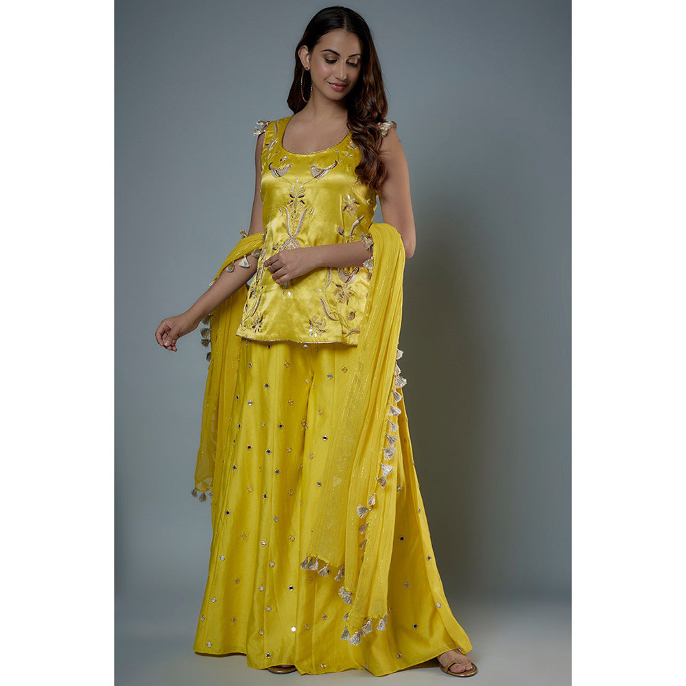 Payal Singhal Lime Yellow Embroidered Mirror Work Kurti and Palazzo with Dupatta (Set of 3)