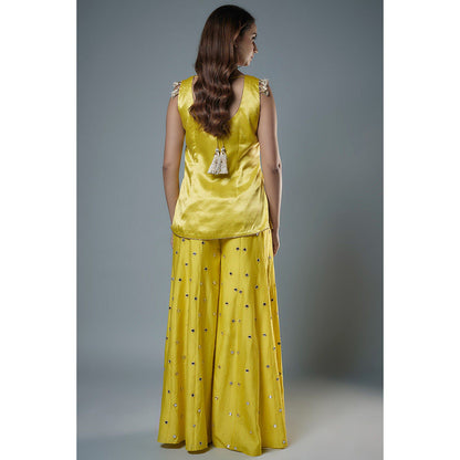 Payal Singhal Lime Yellow Embroidered Mirror Work Kurti and Palazzo with Dupatta (Set of 3)