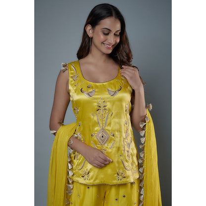 Payal Singhal Lime Yellow Embroidered Mirror Work Kurti and Palazzo with Dupatta (Set of 3)