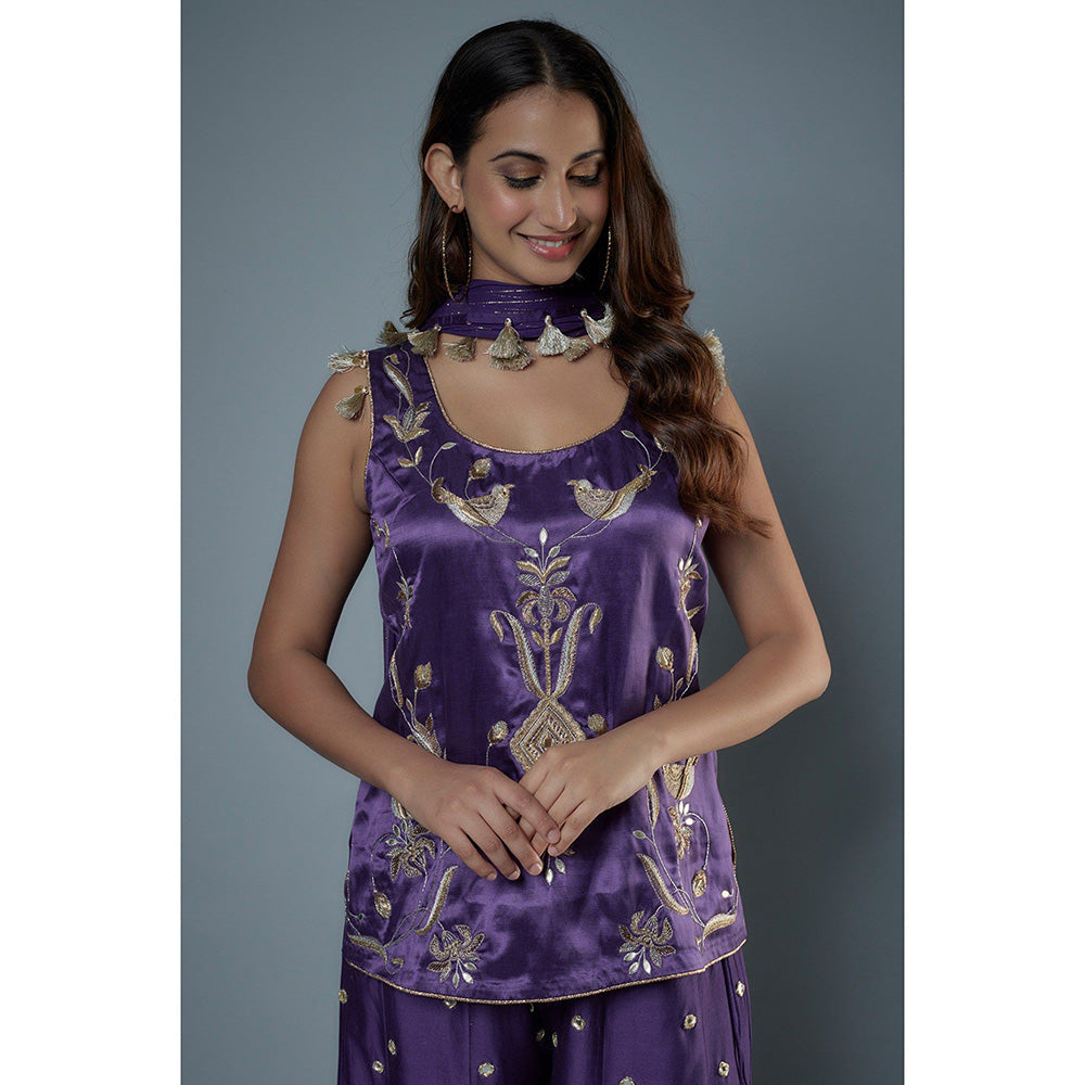 Payal Singhal Purple Embroidered Mirror Work Kurti and Palazzo with Dupatta (Set of 3)