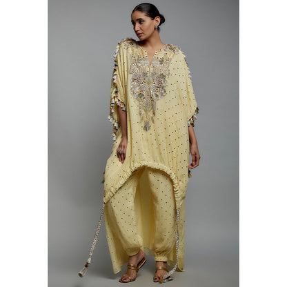 Payal Singhal Yellow Embroidered High Low Kaftan Kurta with Jogger Pant (Set of 2)