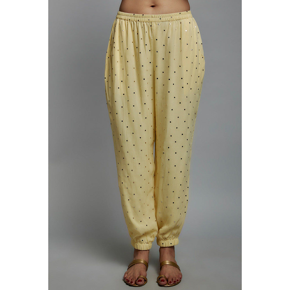 Payal Singhal Yellow Embroidered High Low Kaftan Kurta with Jogger Pant (Set of 2)