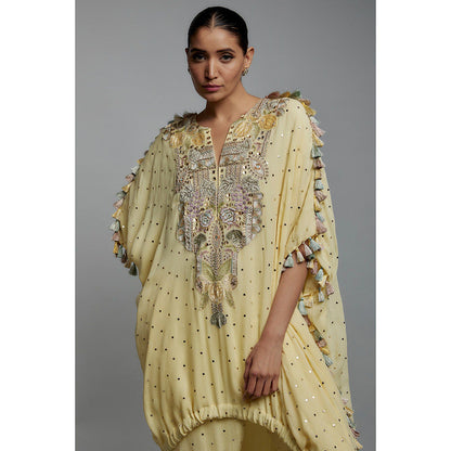 Payal Singhal Yellow Embroidered High Low Kaftan Kurta with Jogger Pant (Set of 2)