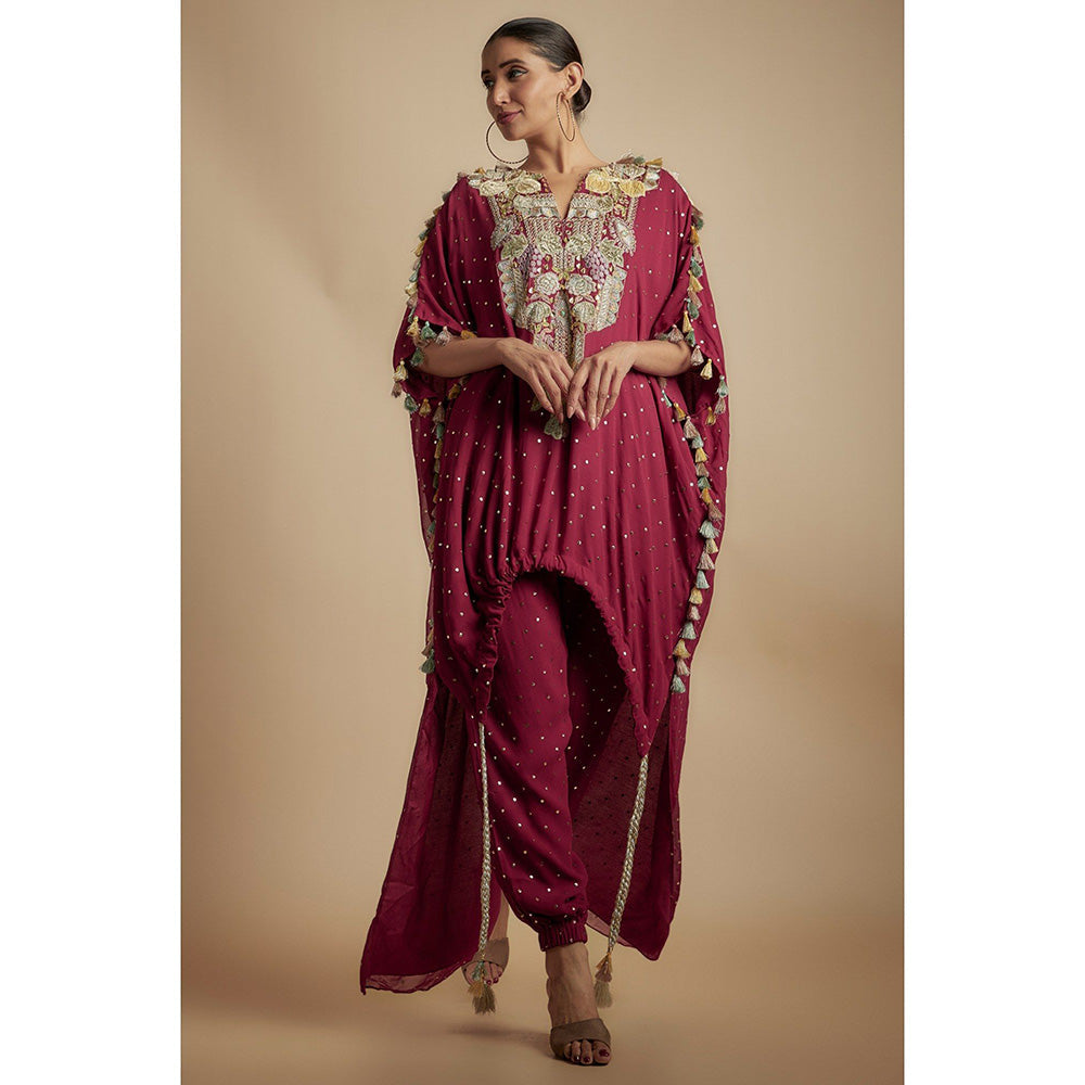 Payal Singhal Maroon Embroidered High Low Kaftan Kurta with Jogger Pant (Set of 2)